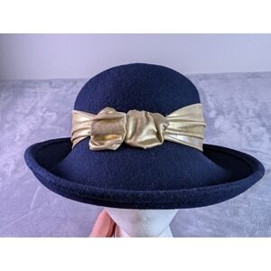 Vintage Navy Blue Wool Felt Cloche Hat Gold Metallic Bow Trim Made in USA